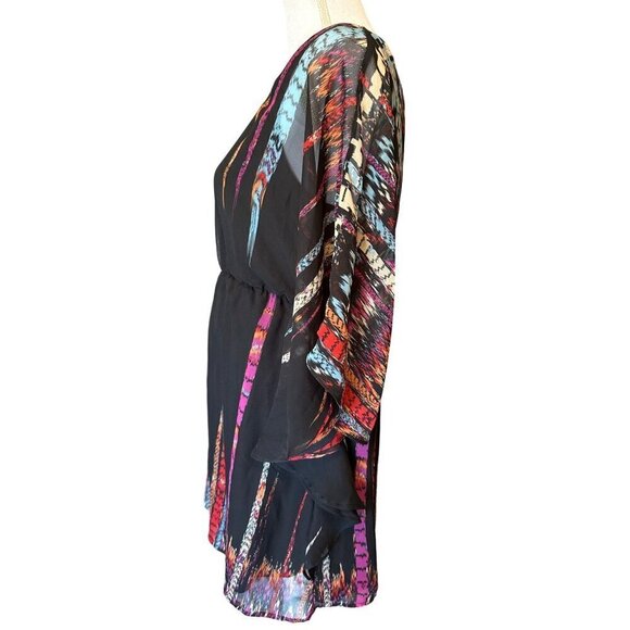 AUW Women's Dress Size S Black Multicolor Boho Chiffon Dress Bell Sleeves - Picture 7 of 14